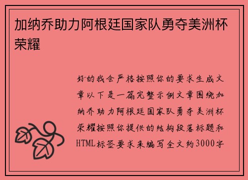 加纳乔助力阿根廷国家队勇夺美洲杯荣耀